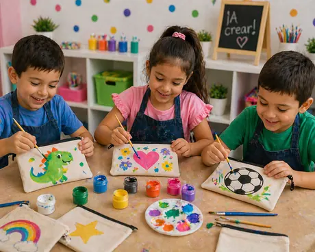 Niños decorando un estuche con stickers y plumones