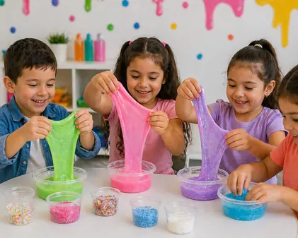 Niños mezclando slime de colores en una mesa